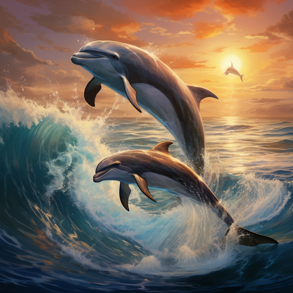 Graceful dolphins and whales in waves