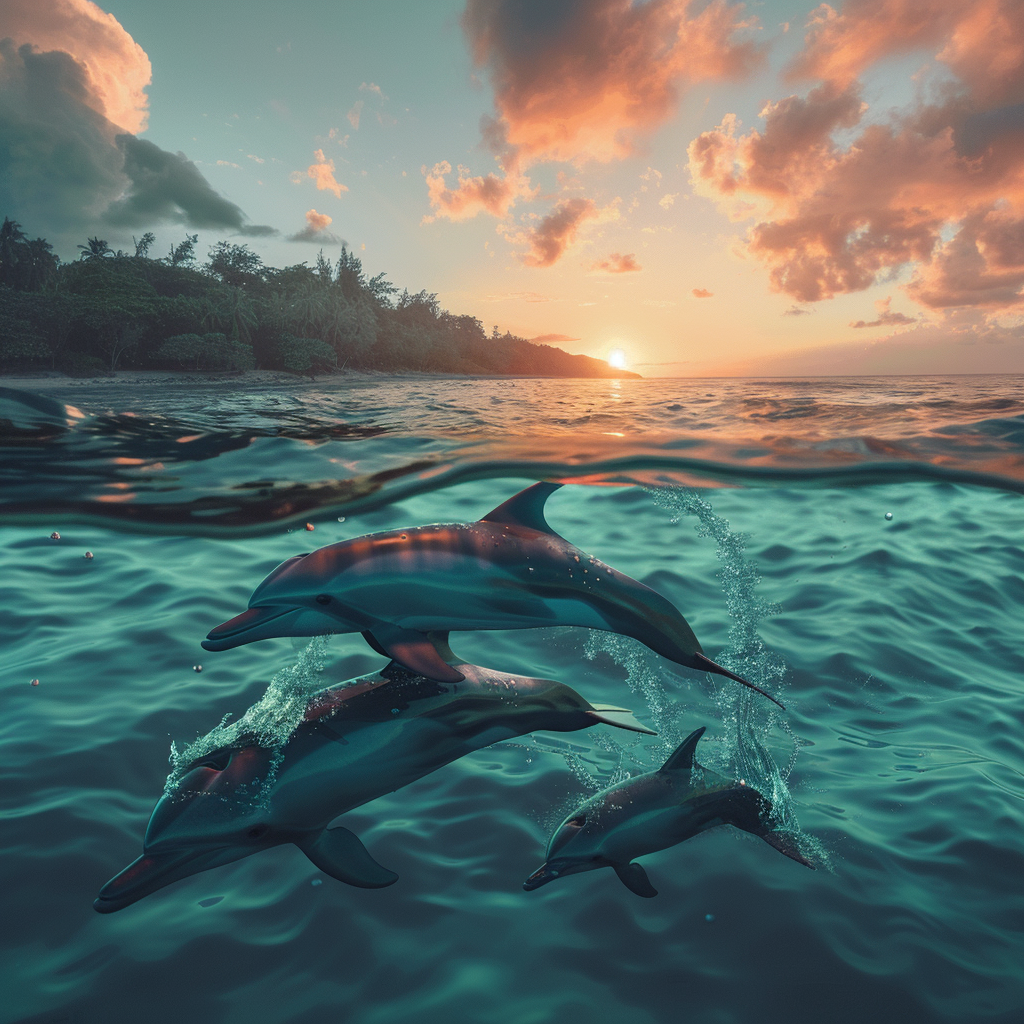 Dolphins in tropical seas at sunset