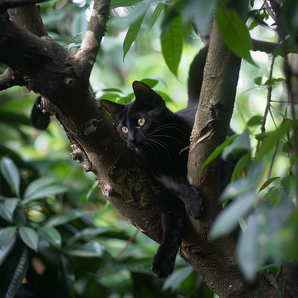 Black Cat Relaxing in Tree