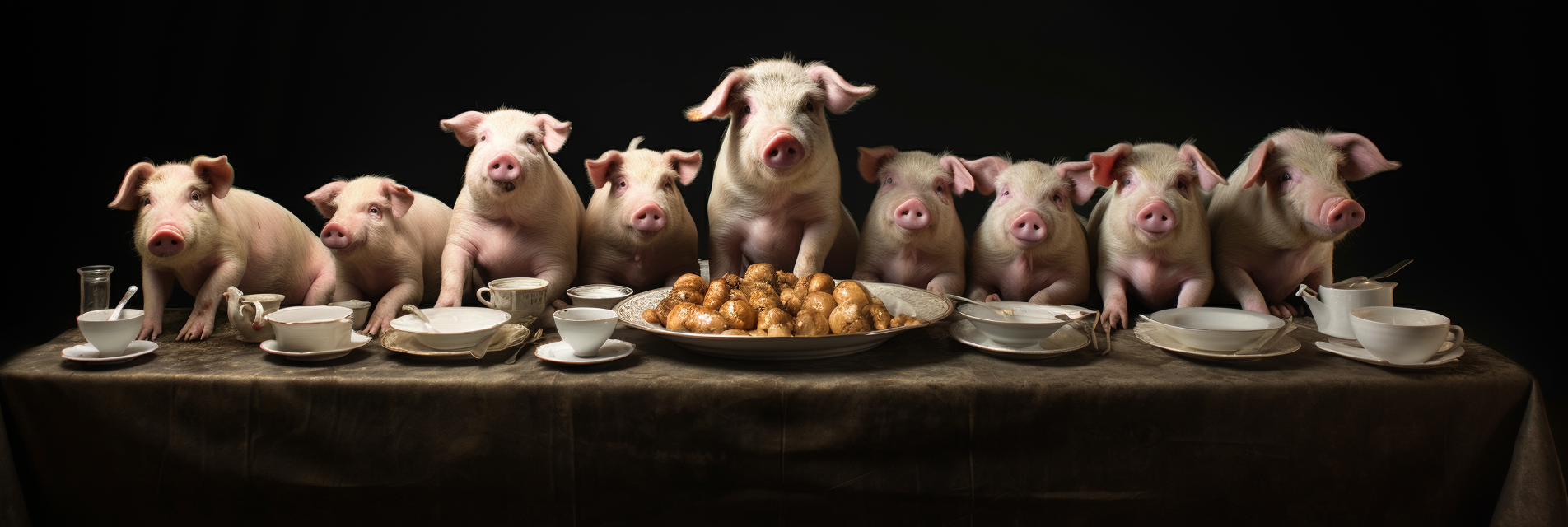 Domestic pigs eating at feeding trough