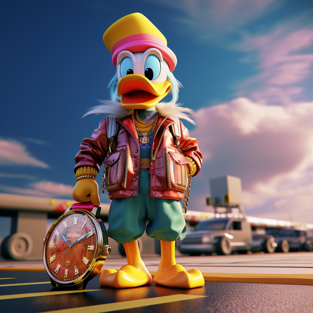 Donald Duck in rainbow maxi dress