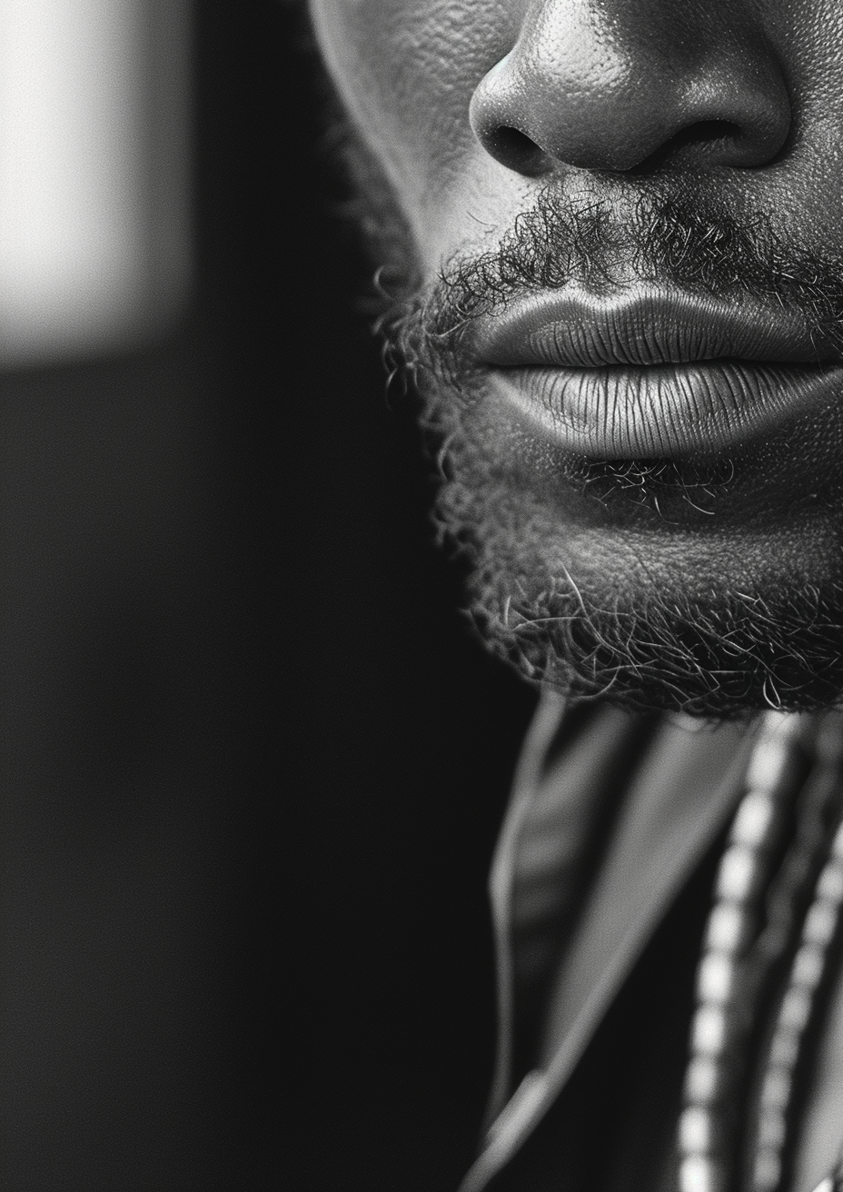 Black and white portrait of Donald Glover exuding strength and love