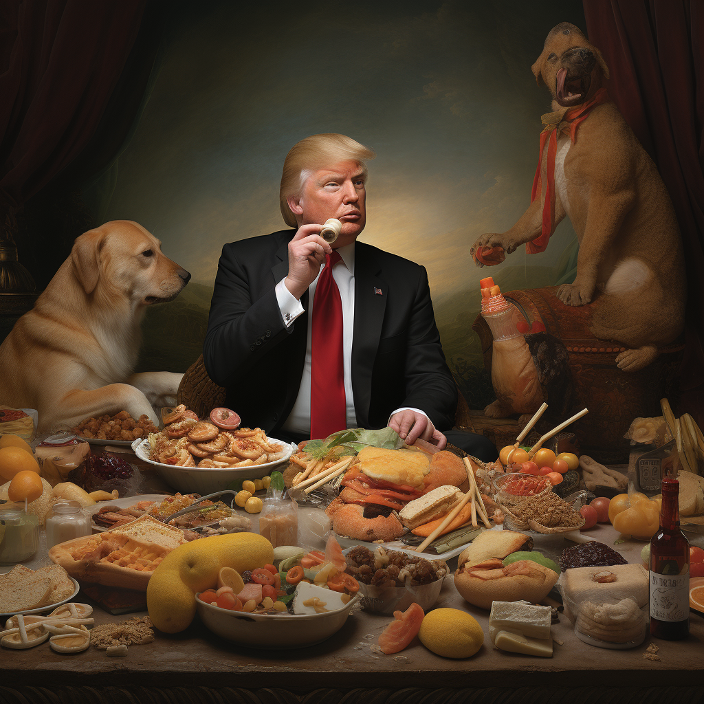 Donald Trump indulging in a loaded hot dog