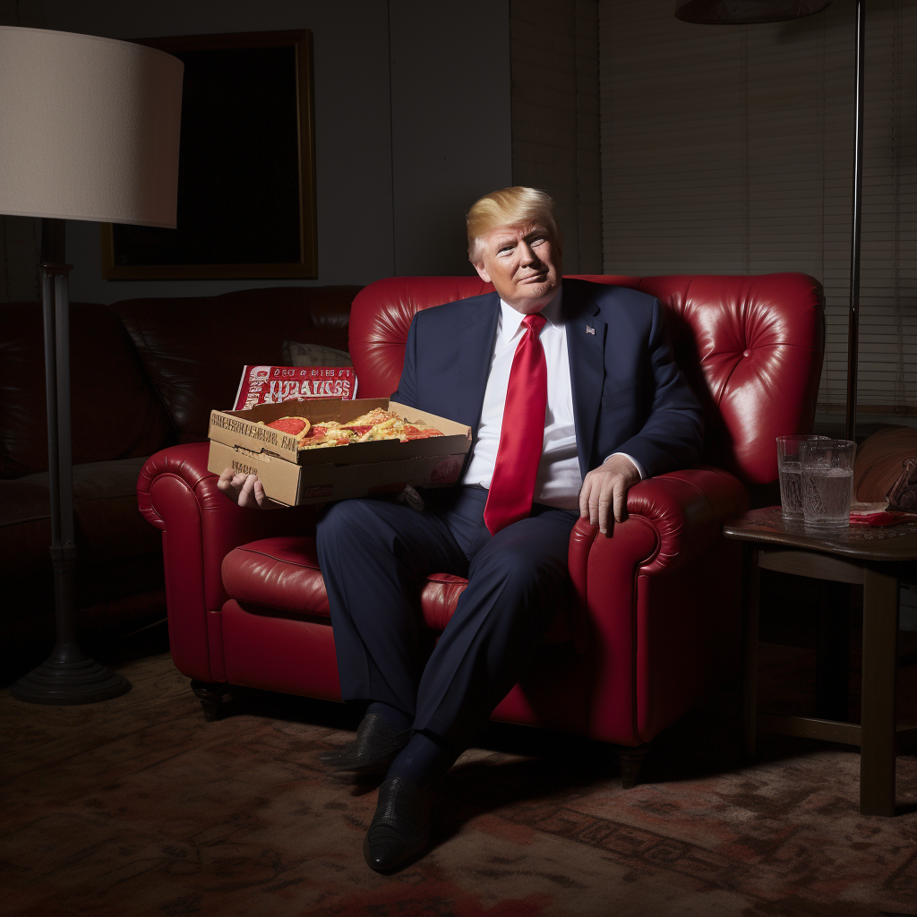 Donald Trump eating pizza in a comfy chair