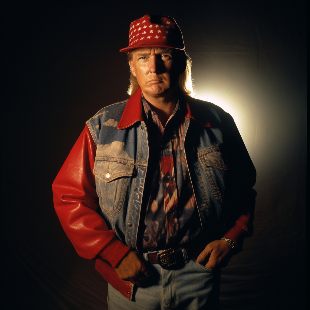 Donald Trump in iconic leather jacket and red bandana