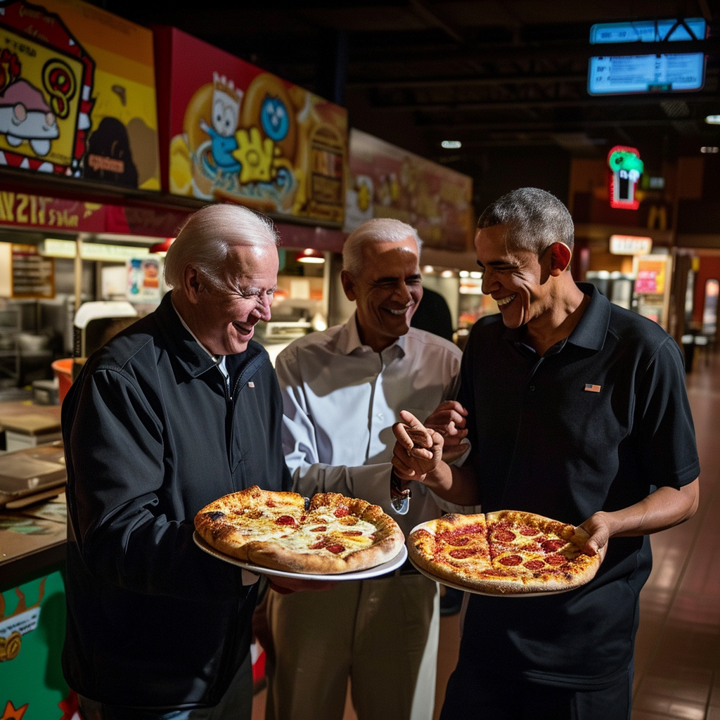 Donald Trump, Joe Biden, and Barack Obama sharing pizza