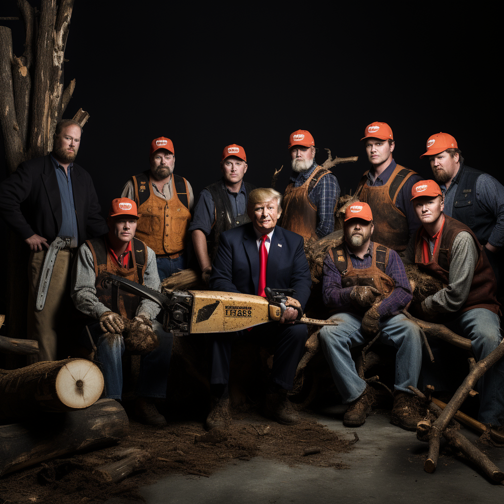 Donald Trump and lumberjacks in the forest