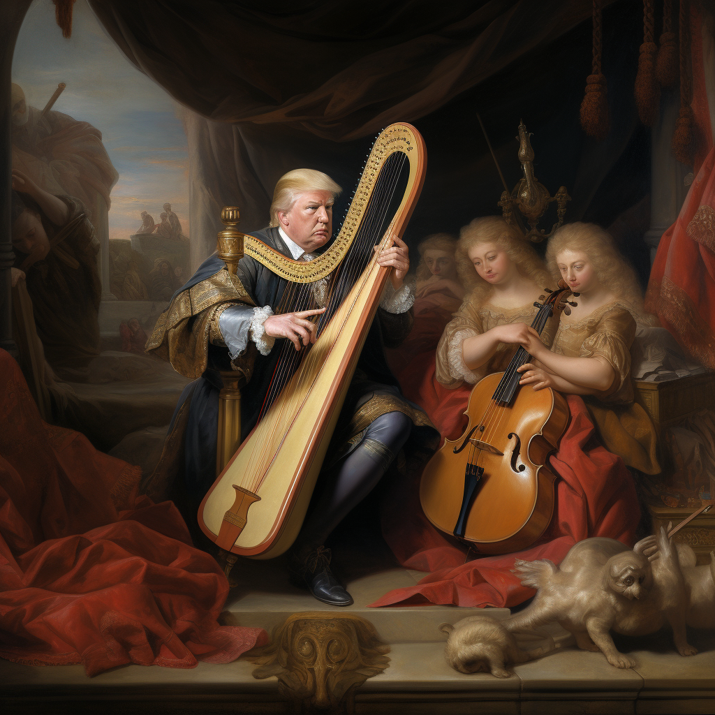 Donald Trump playing the harp for Louis 14