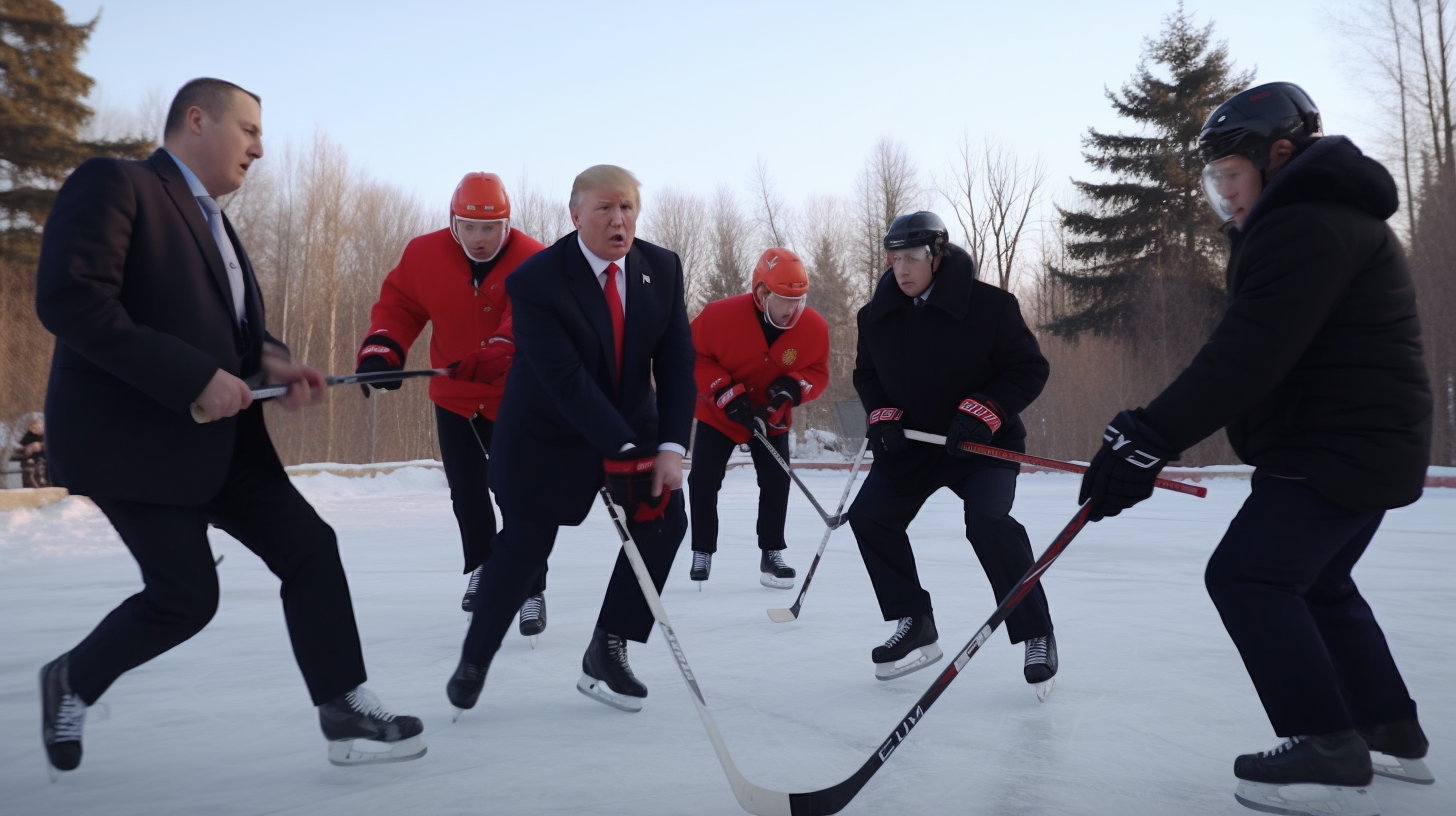 Donald Trump, Putin, Macron, and Kim Jong-un playing hockey