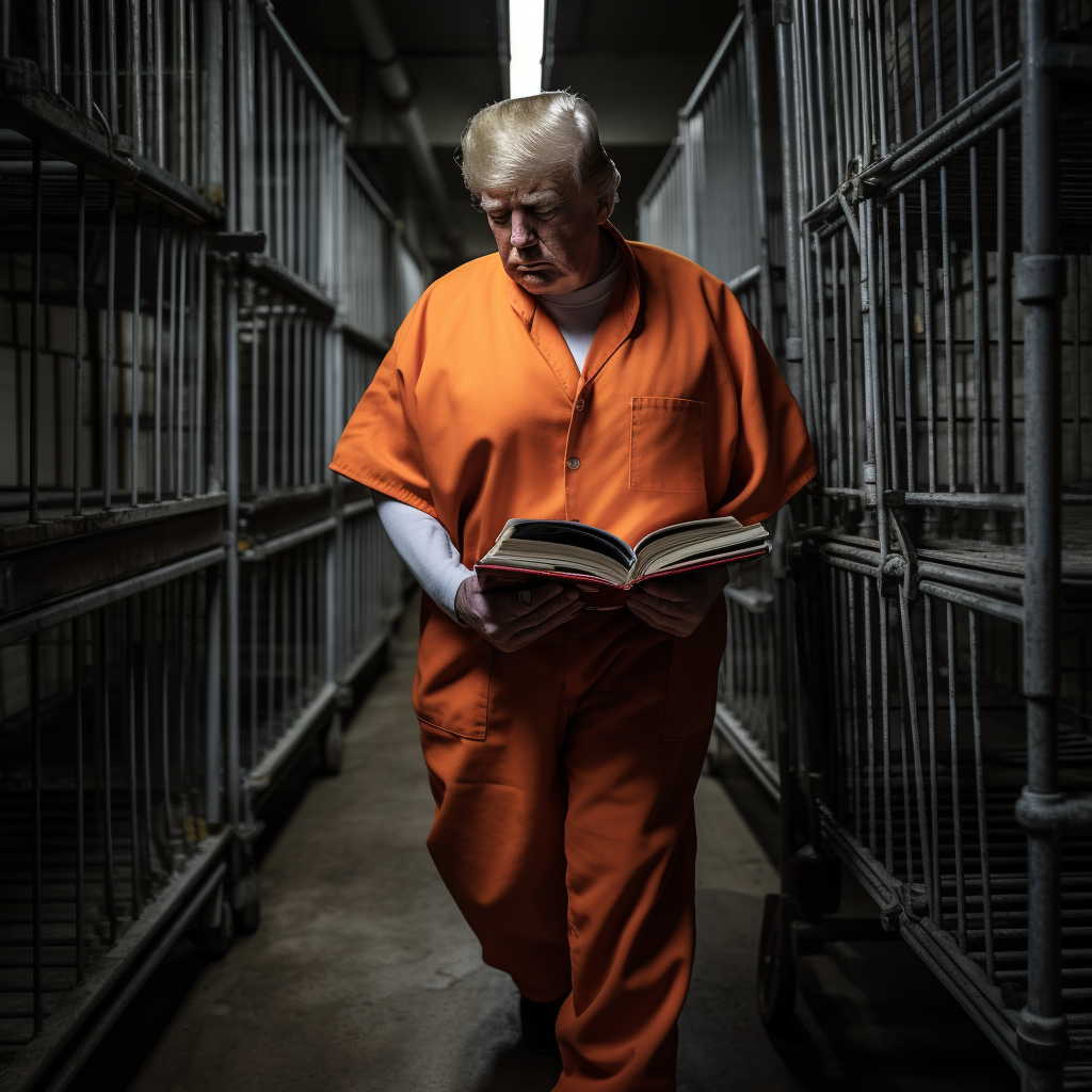 Donald Trump in prison jumpsuit with books