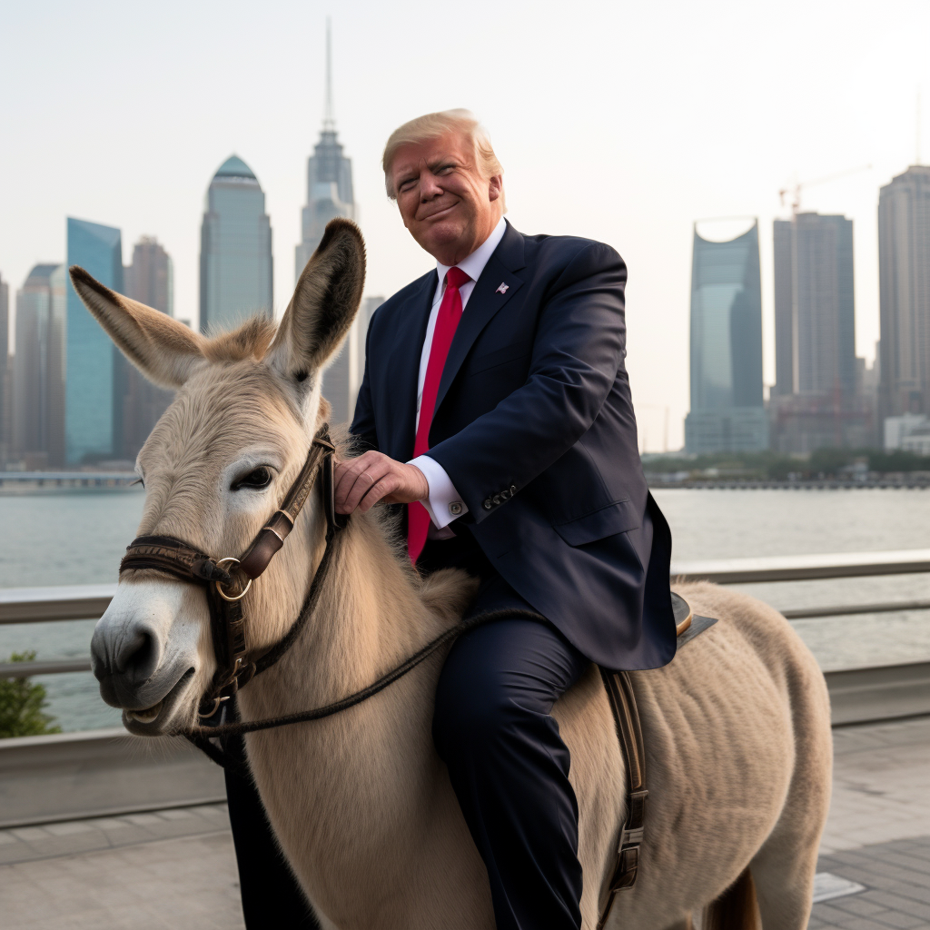 Donald Trump riding a donkey in Shanghai