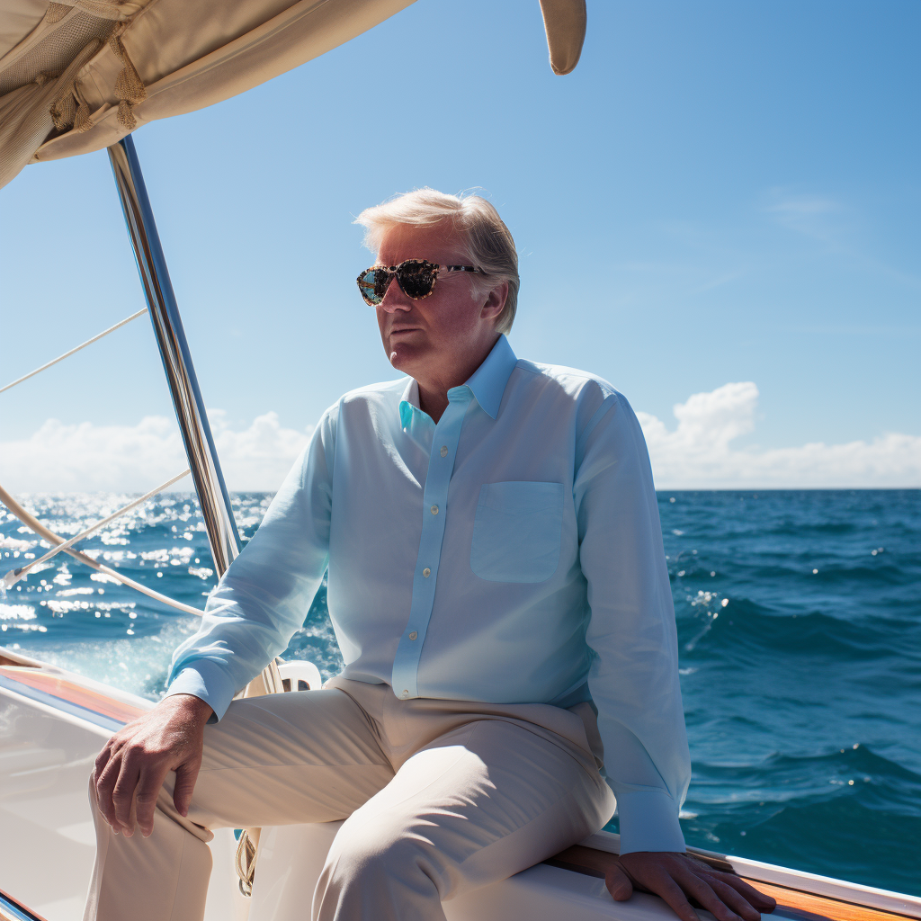 Donald Trump on a yacht with clear blue sea and sunshine