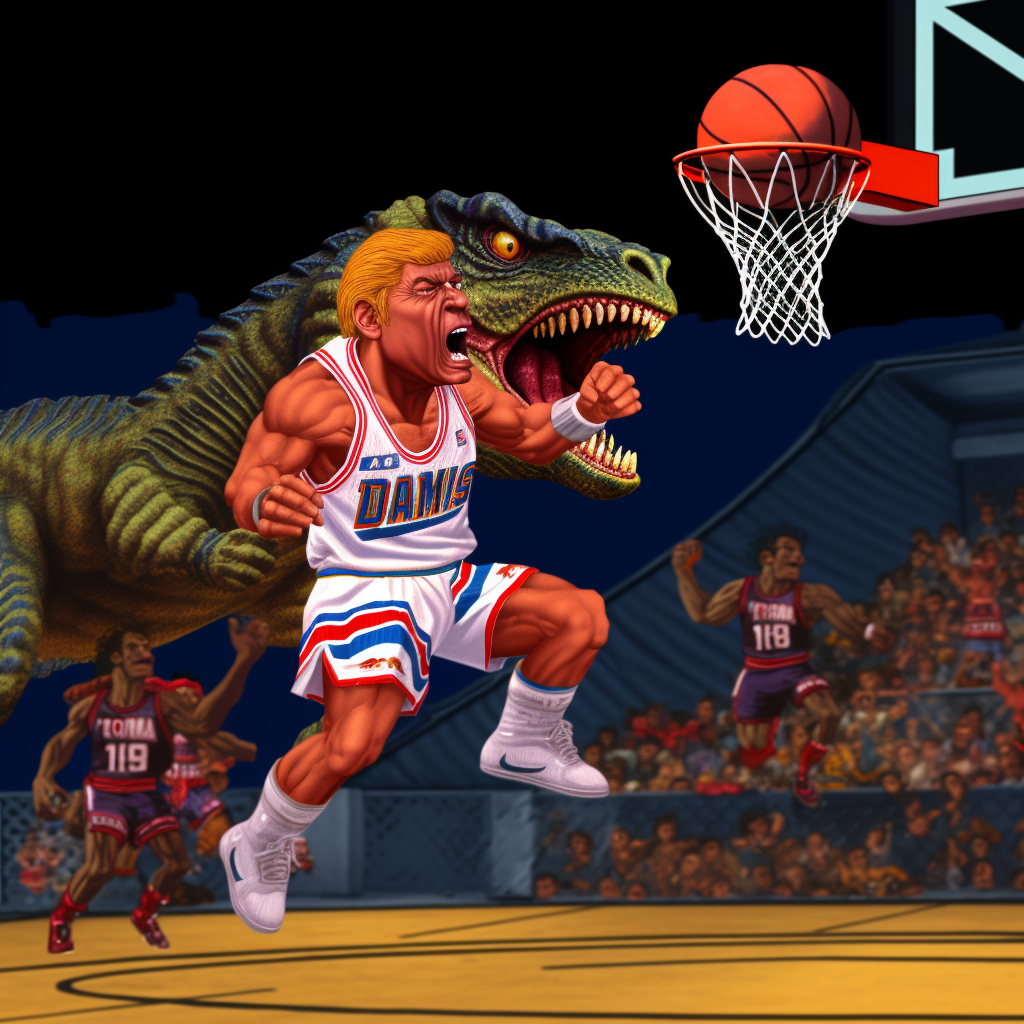 Donald Trump getting dunked on by a T-Rex