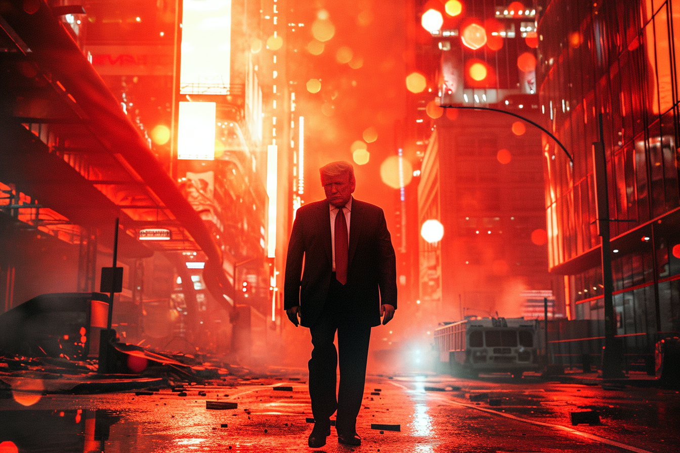 Donald Trump as Fighting Mech in Futuristic City