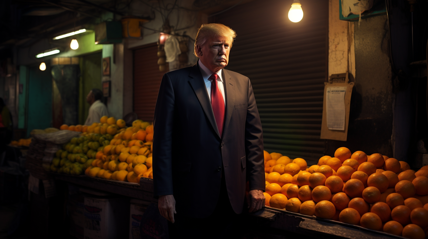 Donald Trump selling oranges outside Indian fruits store