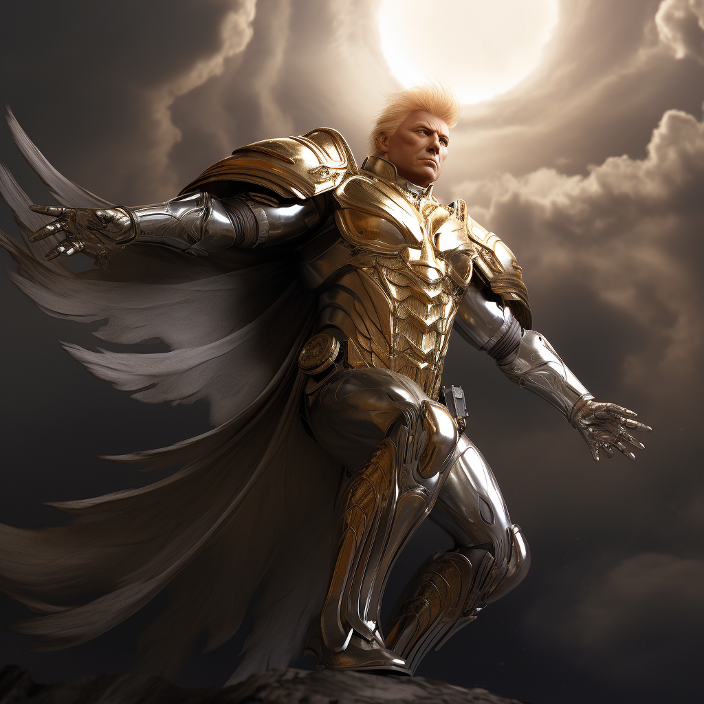 Donald Trump in silver armor with jetpack