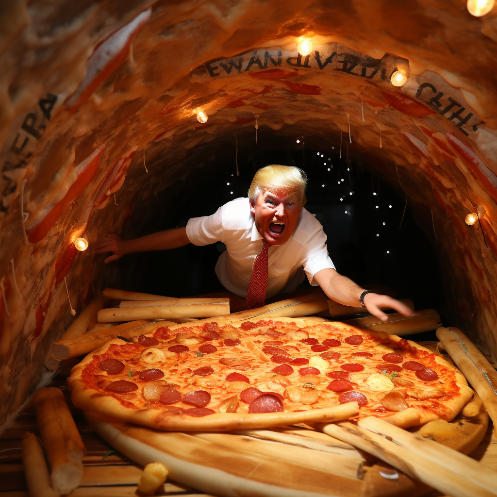 Donald Trump sliding through pizza tunnel