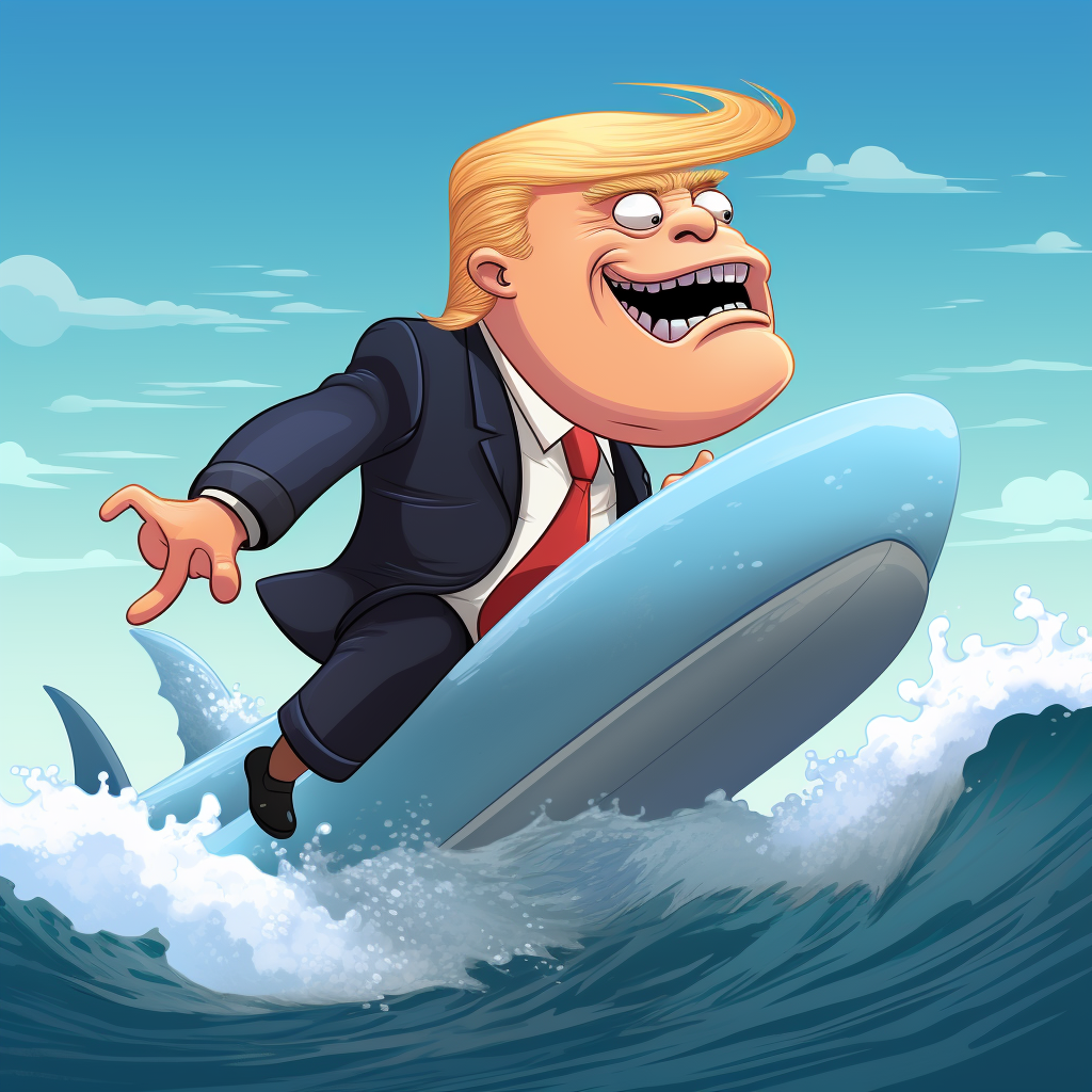 Donald Trump surfing on a shark