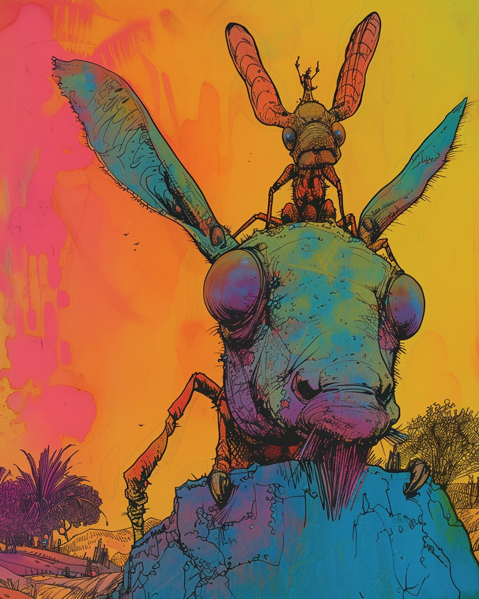 Donkey sitting on giant ant - retro illustration