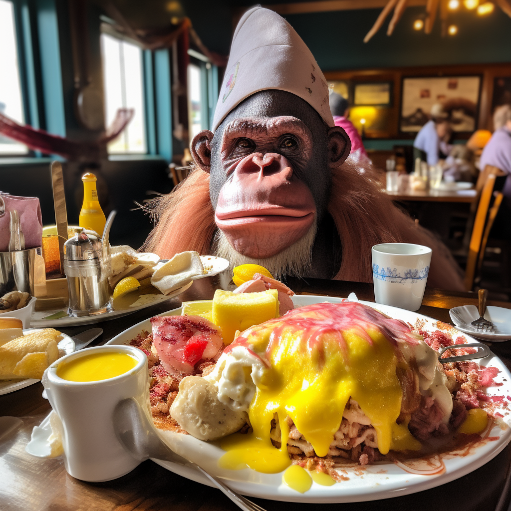 Donkey Gorilla Suit Eating Eggs Benedict