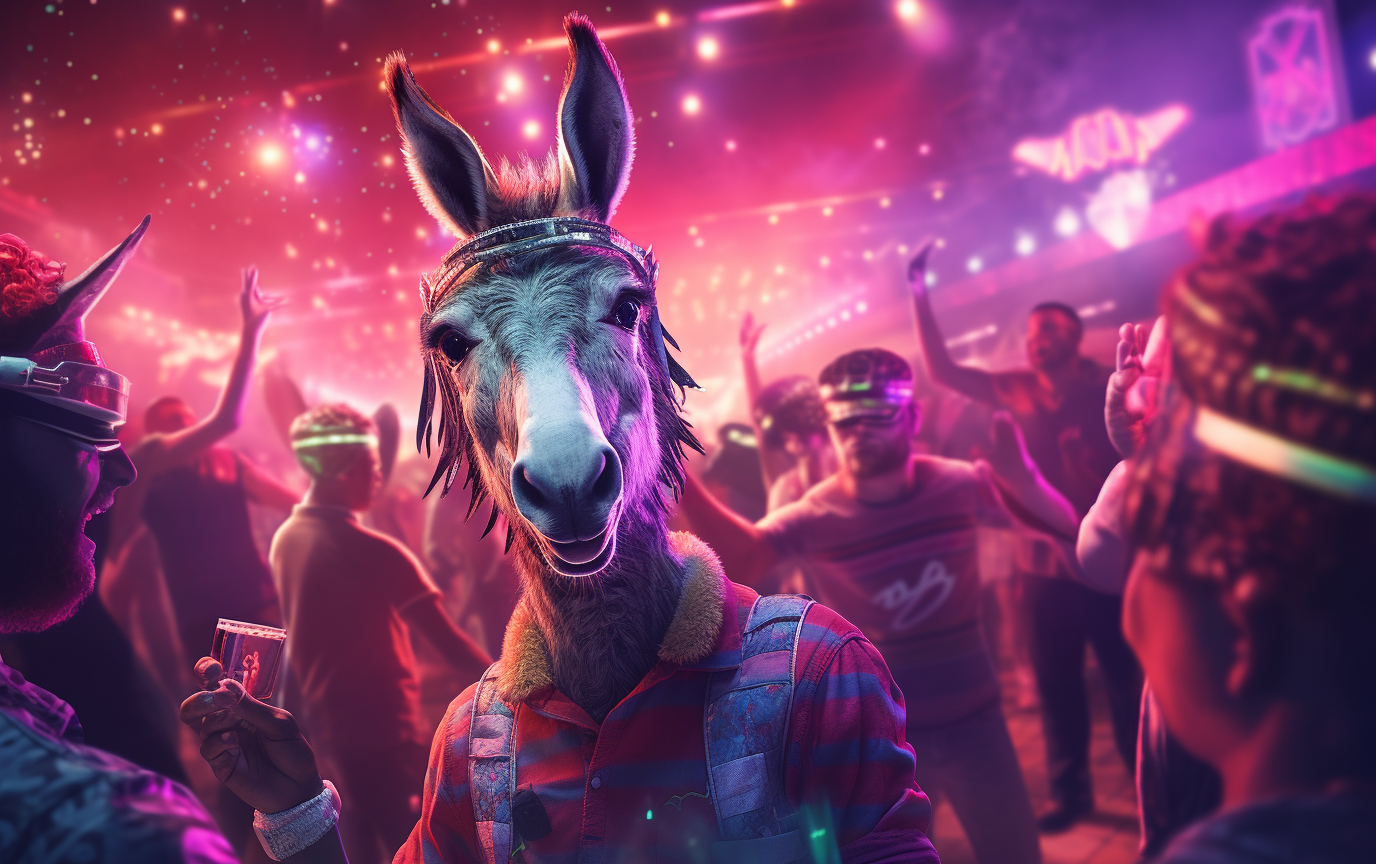 Joyful donkeys partying at a rave