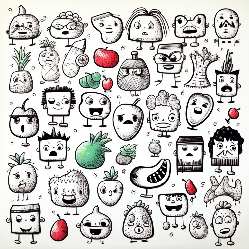 Colorful doodle cartoon characters with fruits and shapes