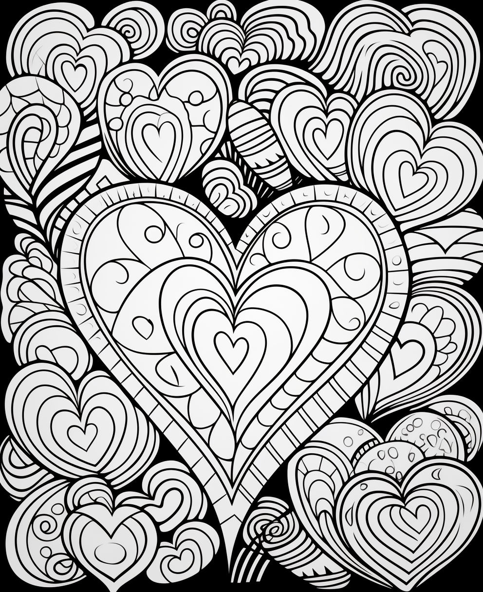 Coloring page with doodle-style hearts