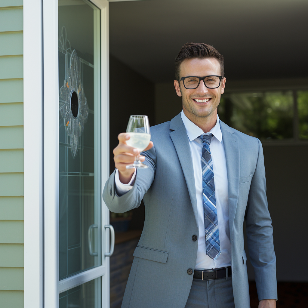 Door Salesperson with Glass of Water