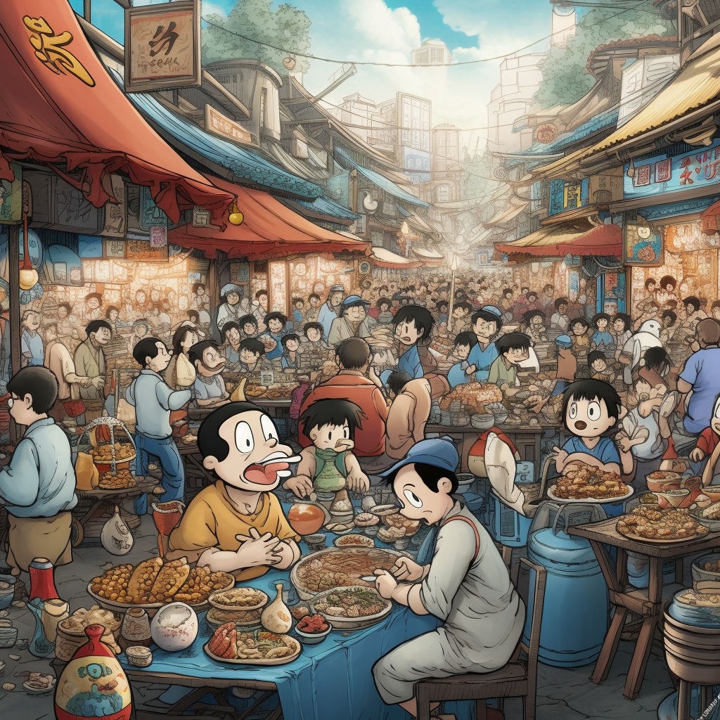 Illustration of Doraemon Eating Doupi in Chinese Marketplace