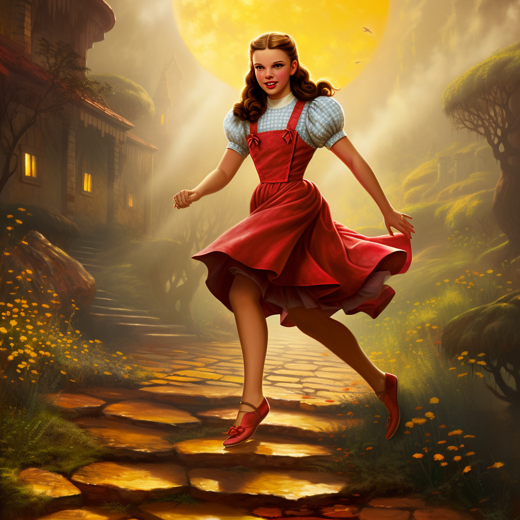 Dorothy skipping down yellow brick road