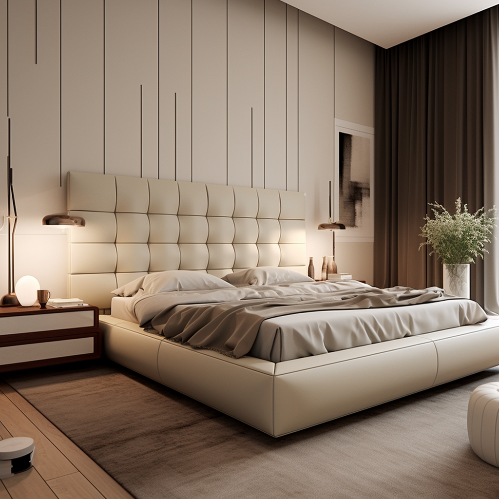 Modern double bedroom with white leather bed