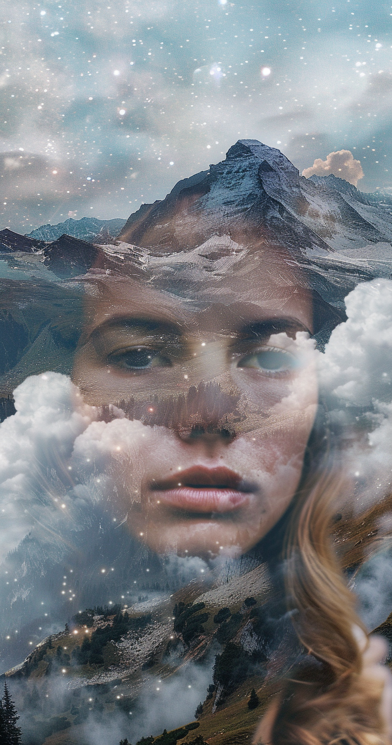 Double exposure portrait mountain clouds peak