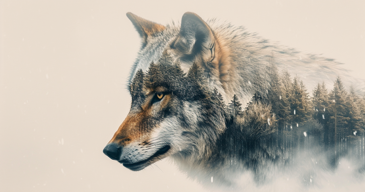 Double exposure of wolf and winter forest