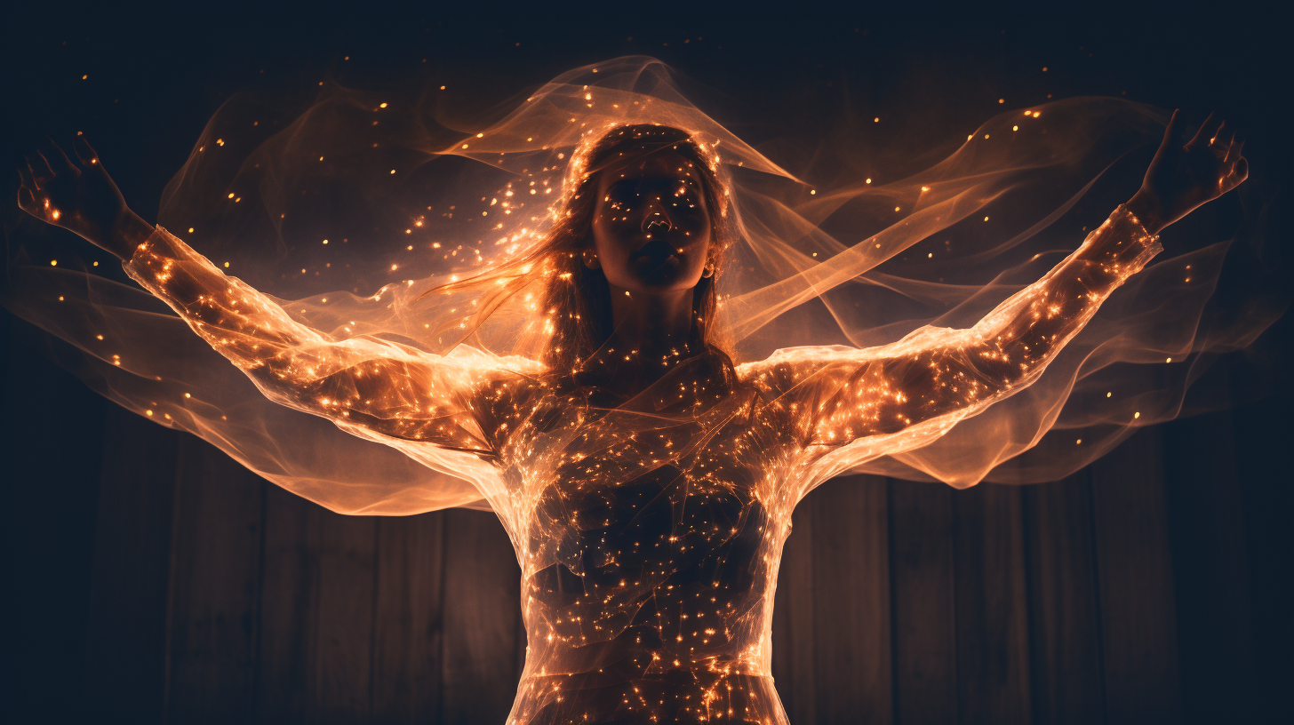 Double exposure woman reaching light particles