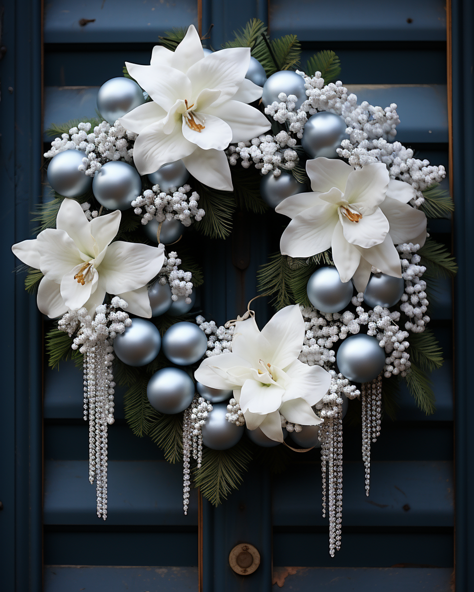 Sophisticated holiday wreath with white ornaments and flowers