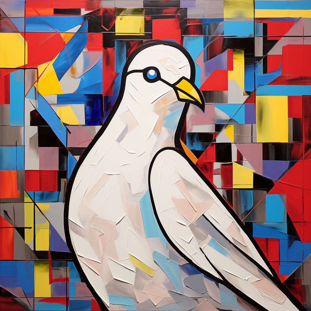 Dove resembling Elvis Presley in Mondrian-inspired cineastic scene