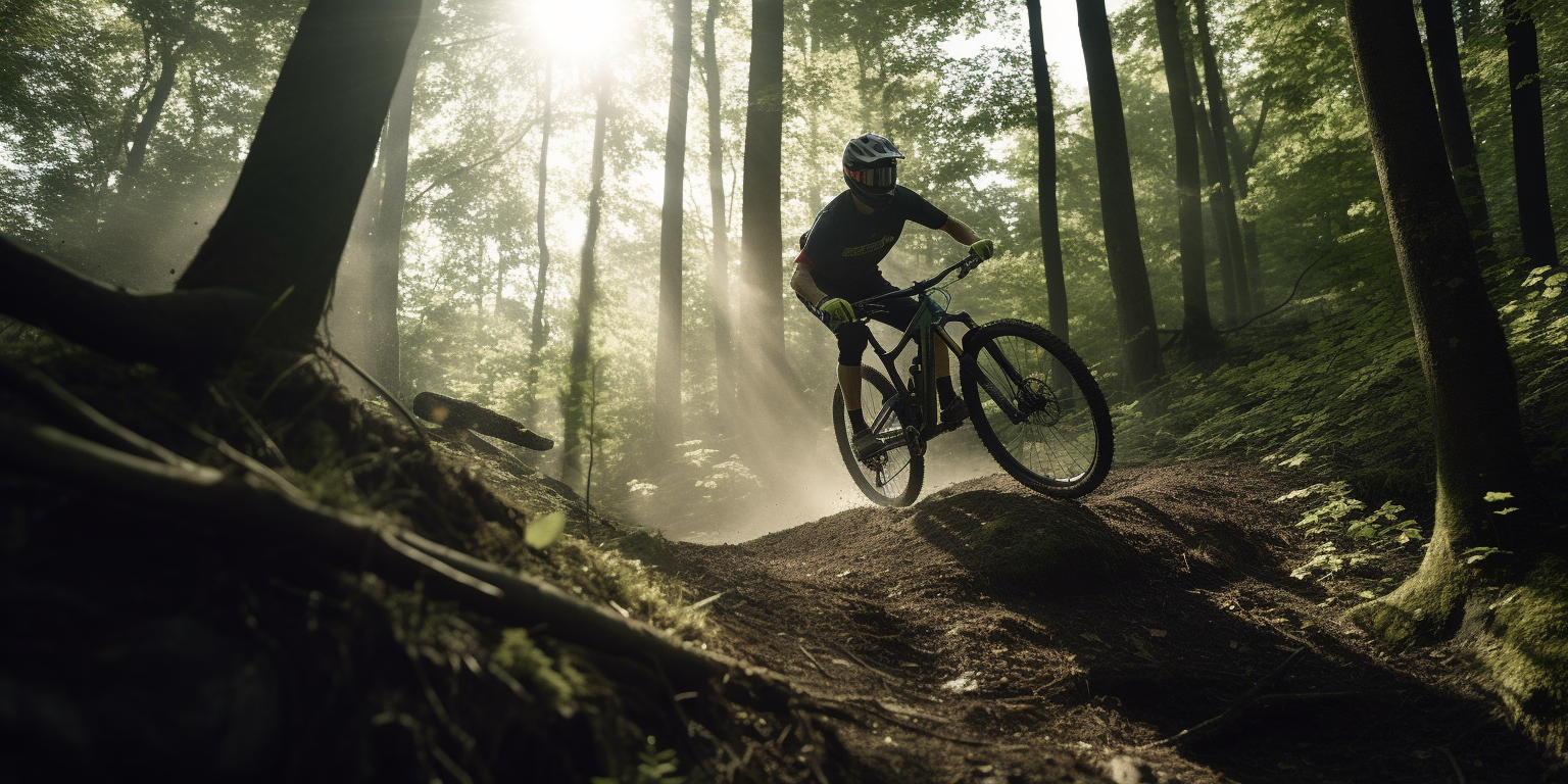 Downhill mountain biker in sunny forest