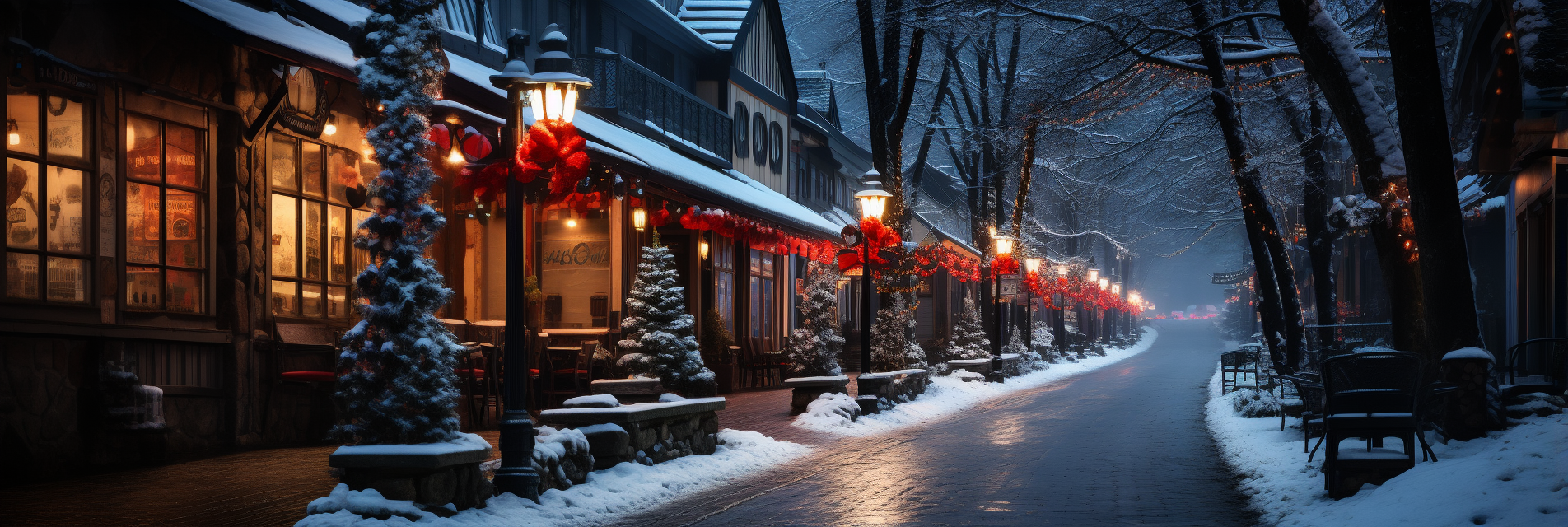 Snow-covered streets with Christmas lights