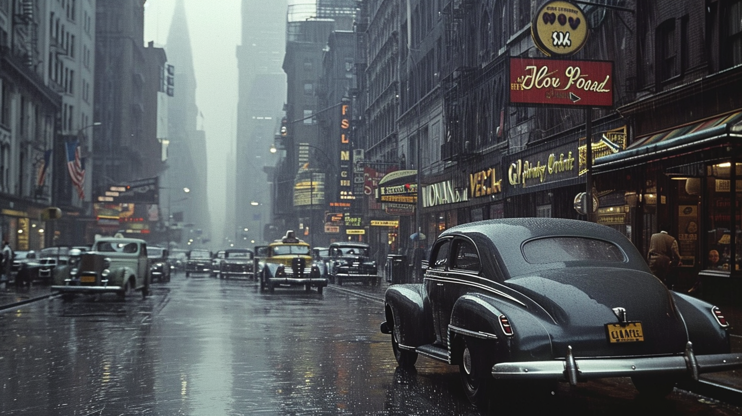 Downtown New York 1940s Hyperrealistic Scene