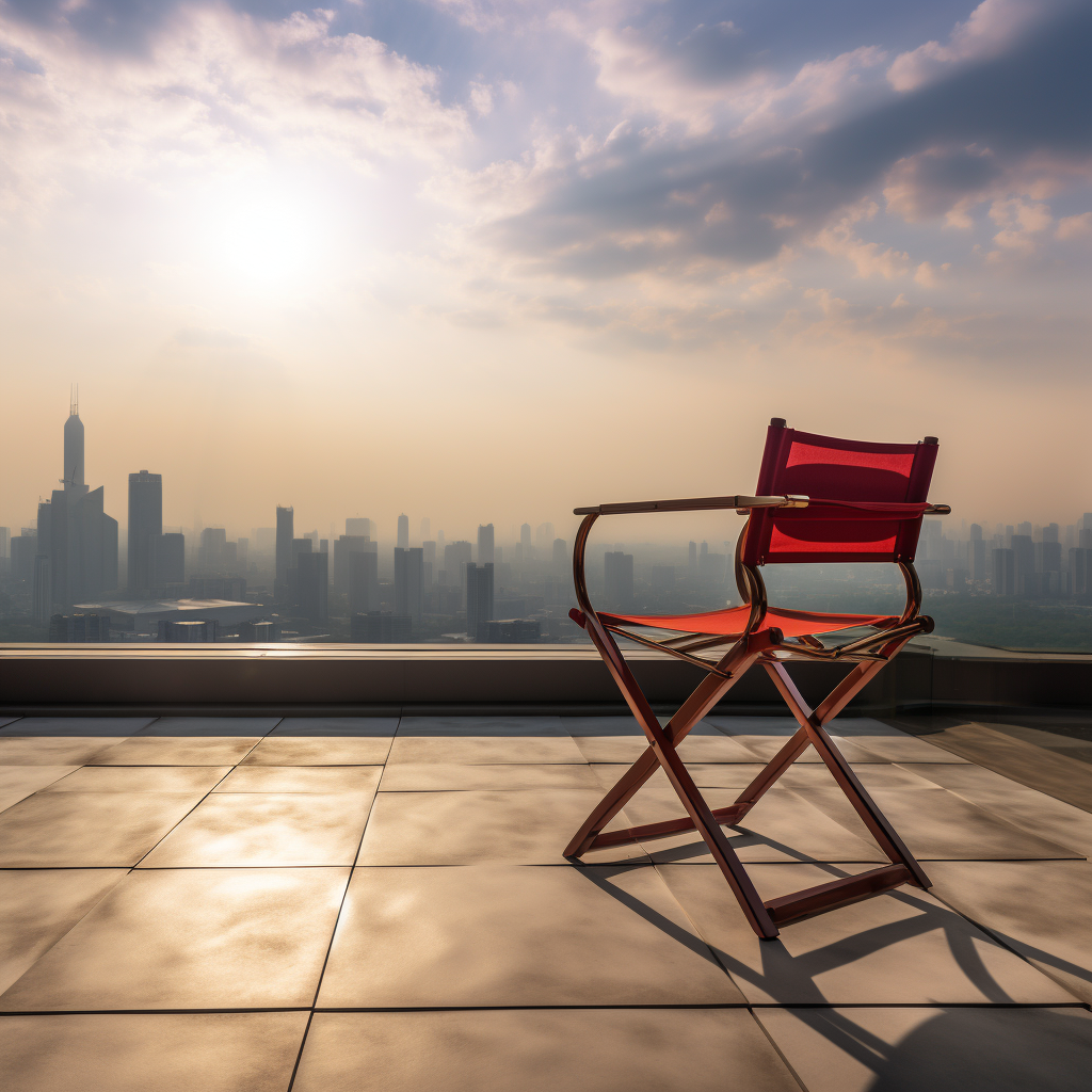 Director-style chair on rooftop overlooking skyscrapers