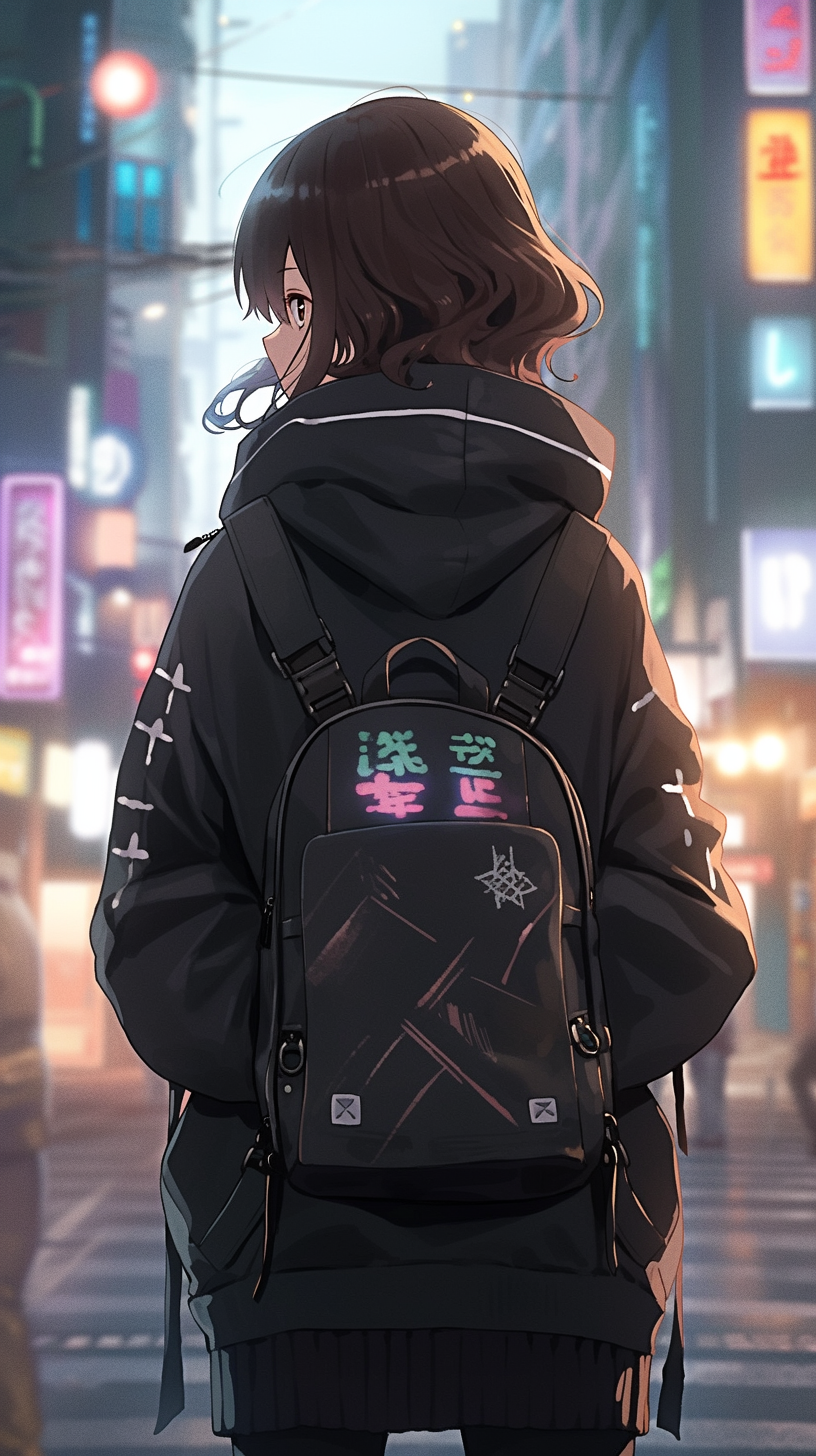 Japanese girl in black hoodie in downtown Tokyo