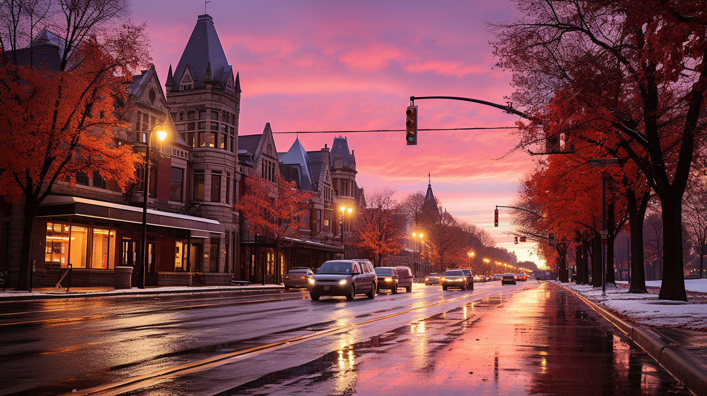 Winter sunrise at downtown St. Louis intersection