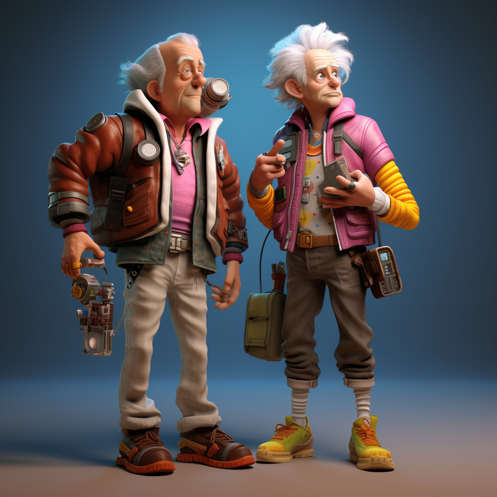 Full body 3D art of Dr. Emmett Brown and Marty McFly