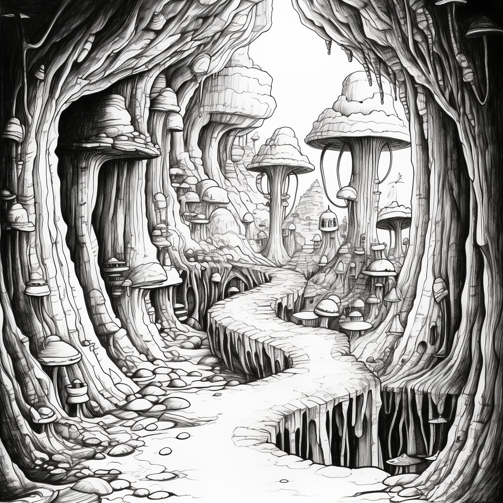 Ink drawing of Dr. Seuss cave theme