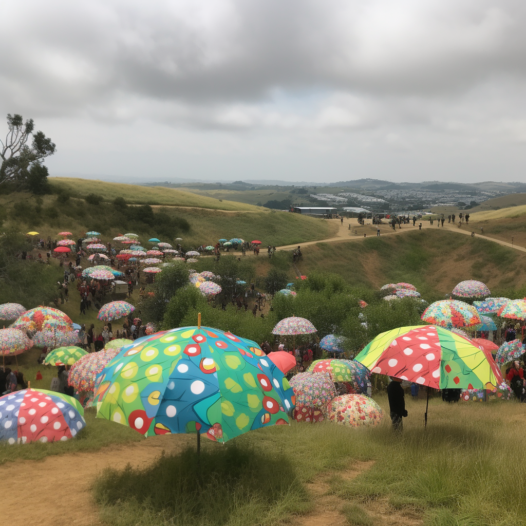 Dr. Seuss-themed hills, trees, umbrellas