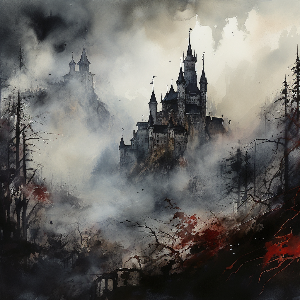 Dracula's castle in mist with vampire