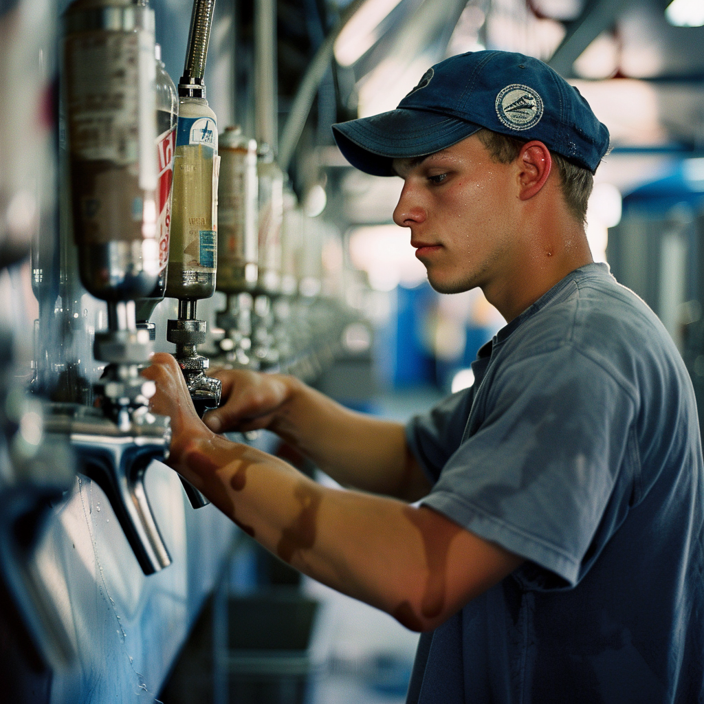 Young man cleaning draft beer lines