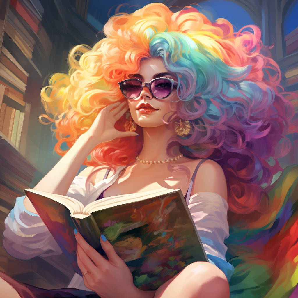 Drag queen reading book in rainbow library