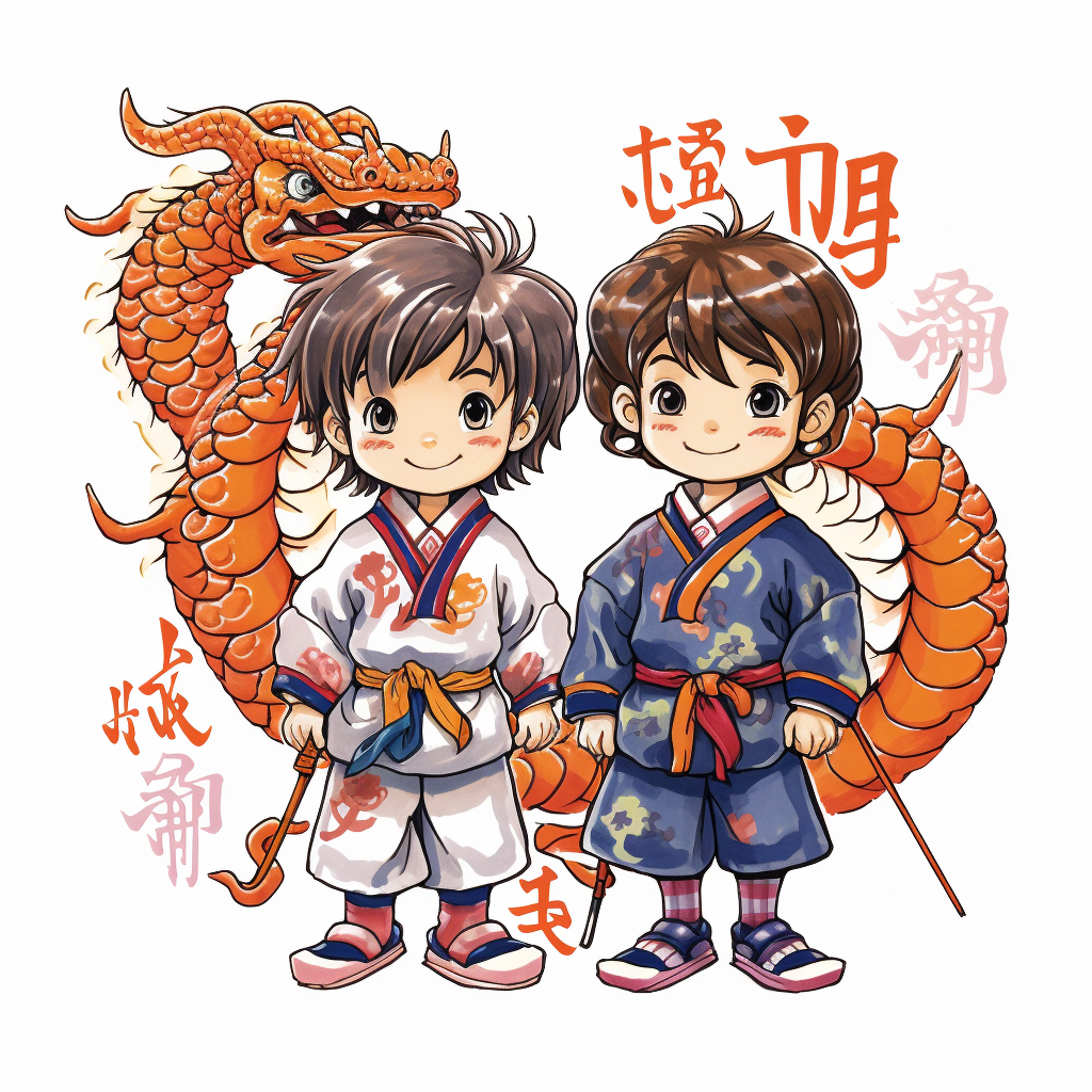 Boy and girl in dragon costume