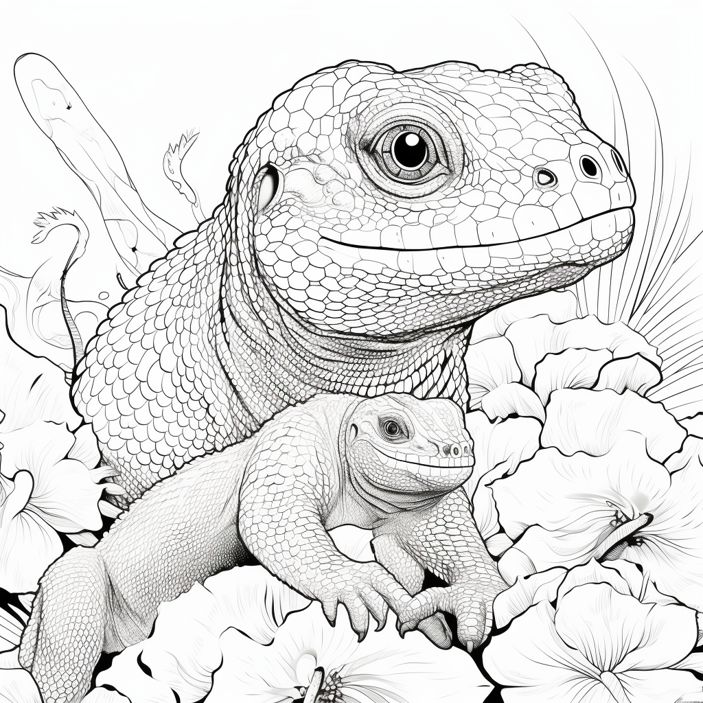 Adorable Komodo Dragon and Baby Coloring Page